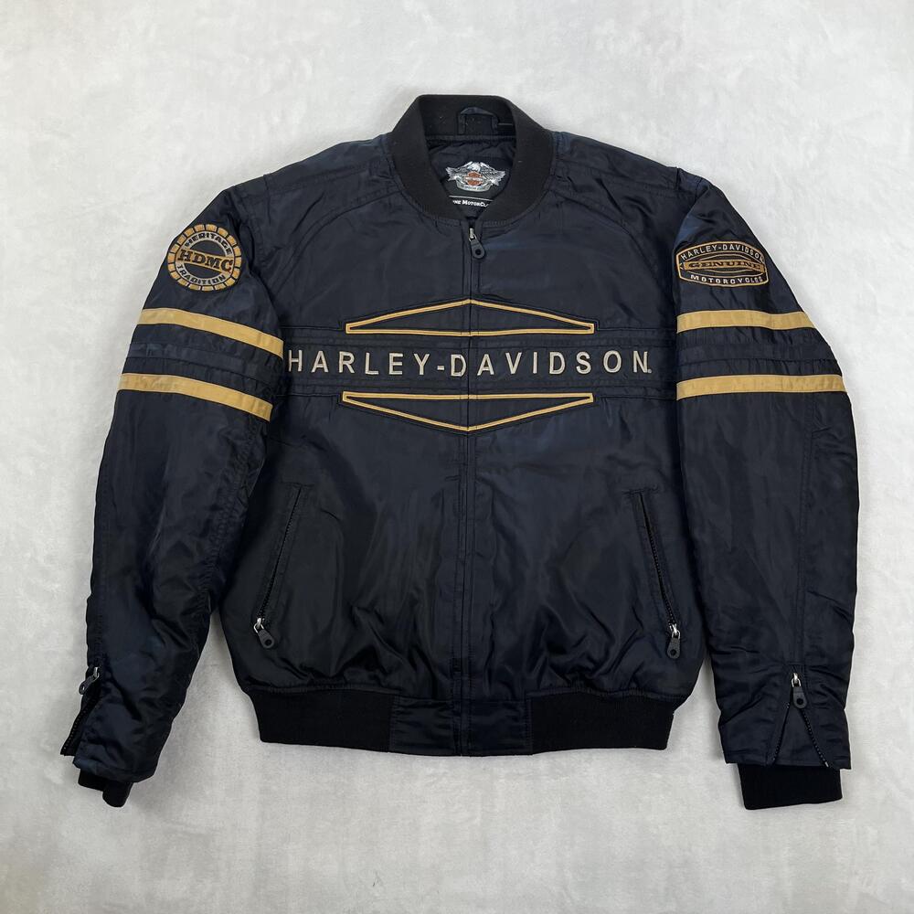 Harley-Davidson Bomber Jacket Mens Medium Black Nylon Quilted Lined Y2K